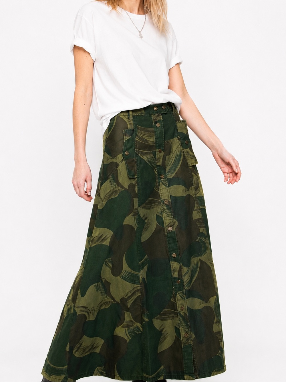Zadig & Voltaire Jam Camo Maxi Skirt Cotton Linen Blend A-Line EUR 36 US 4 NWOT